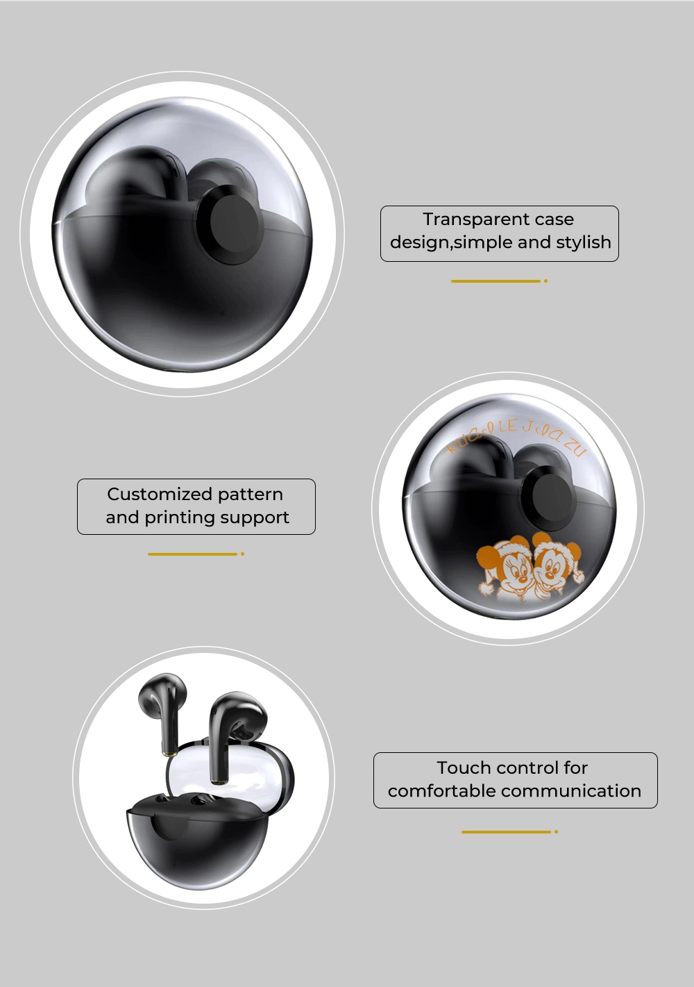 High Quality Bluetooth Earbuds Fashion Transparent Pattern Customizable Case Wireless Earphones