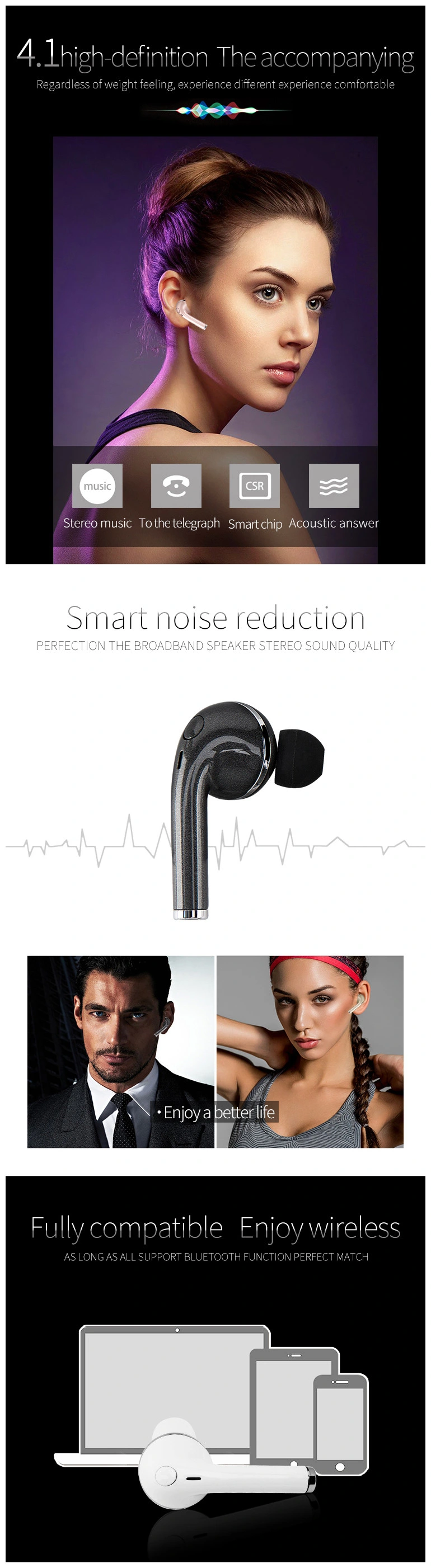 New Fashion Wireless V1 Earphone Headset with Bluetooth Mic for iPhone Mobile Phone